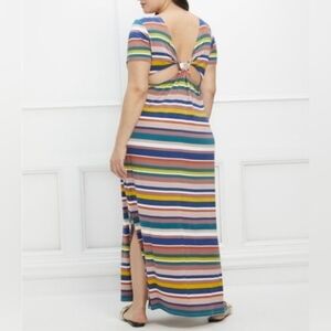 Eloquii Elements Plus Size Stretchy Stripe Maxi Dress Cutout Back Slit Tall